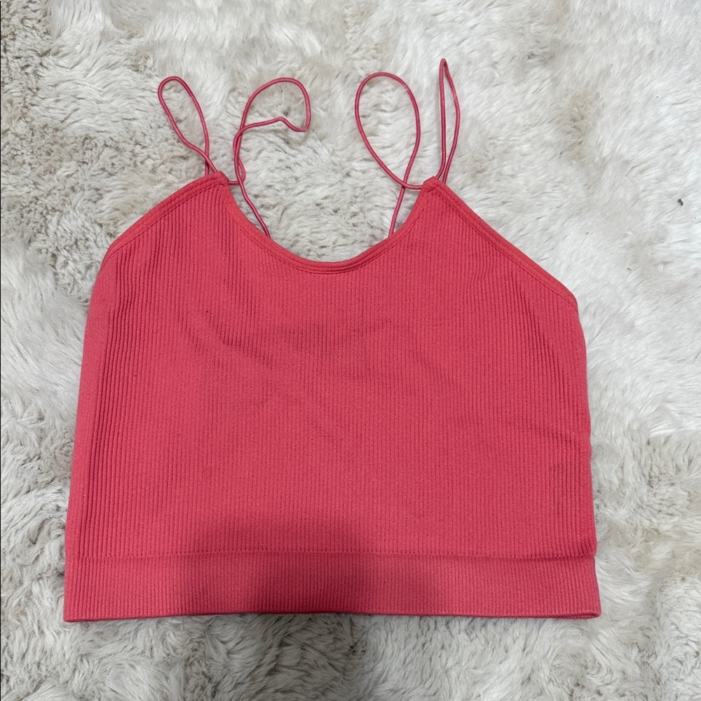 Ribbed Pink Cropped Cami Top with Double Spaghetti Straps
